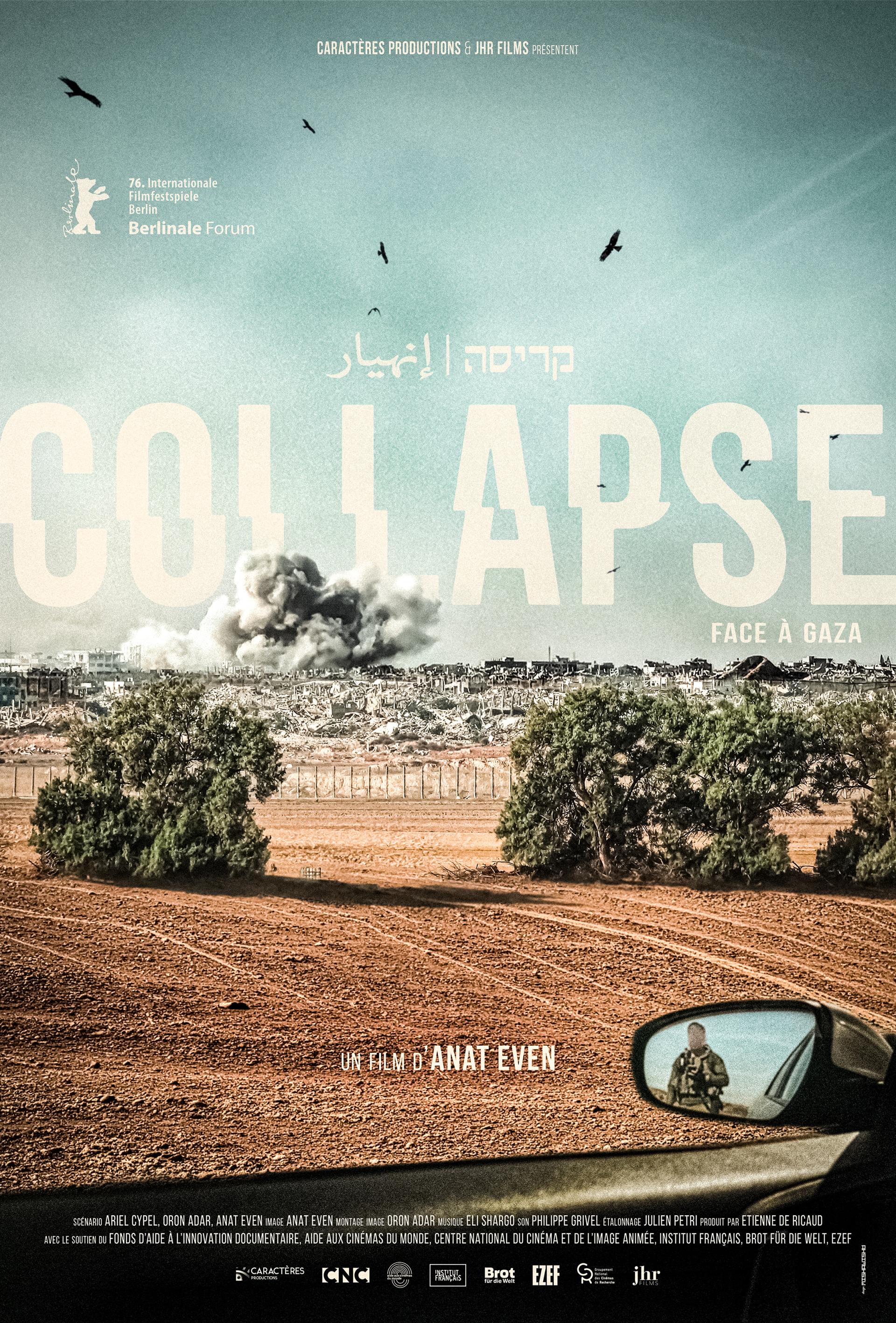 Affiche Collapse. Au premier plan, on y voit des terres agricoles, et au second des explosions et des terres dévastées